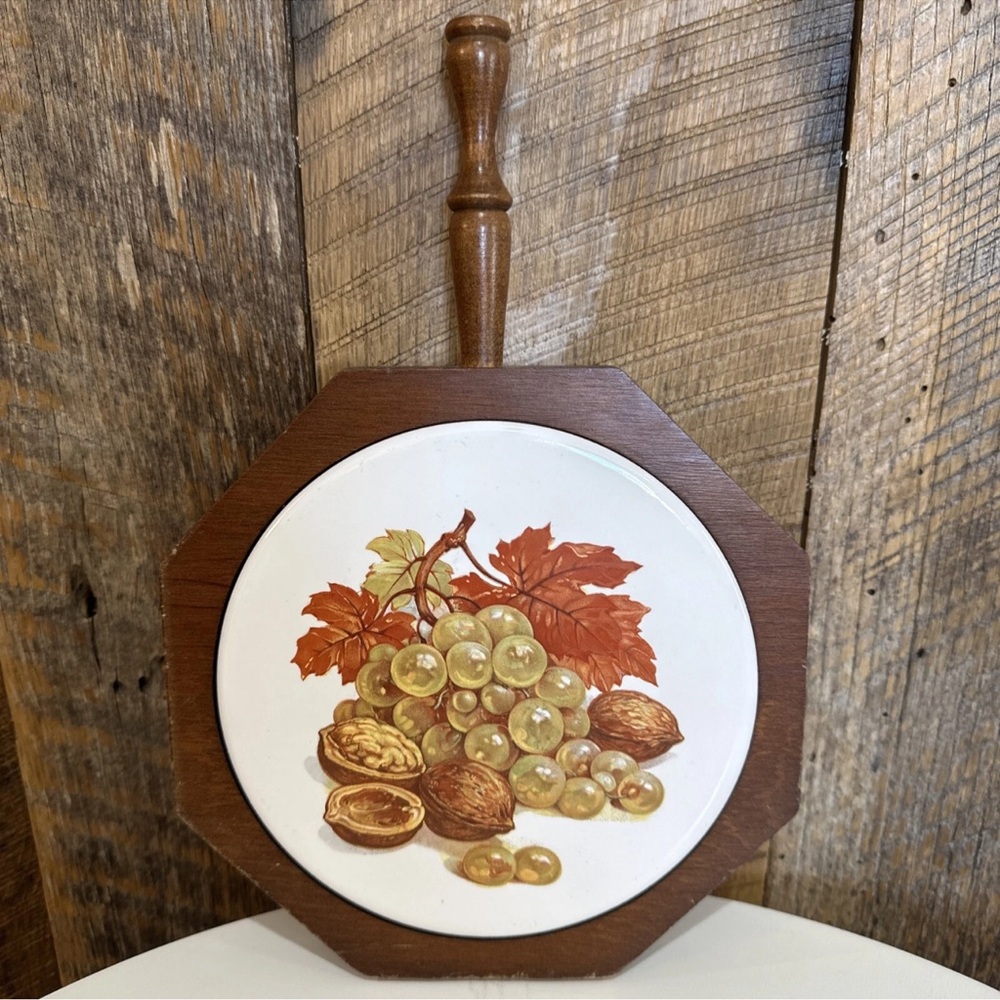 Vintage Mid Century Hardwood & Fruit Tile Cheese Board Charcuterie Retro 1970's